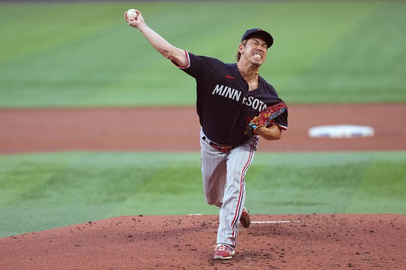 Apr 4, 2023; Miami, Florida, USA;  Minnesota Twins starting pitcher Kenta Maeda (18) pitches against the Miami Marlins in the second inning at loanDepot Park. Mandatory Credit: Jim Rassol-USA TODAY Sports