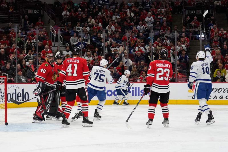 Nov 24, 2023; Chicago, Illinois, USA; Toronto Maple Leafs right wing Ryan Reaves (75) celebrates his goal against the Chicago Blackhawks during the second period at United Center. Mandatory Credit: David Banks-USA TODAY Sports