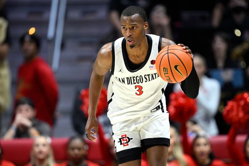 Nov 27, 2023; San Diego, California, USA; San Diego State Aztecs guard Micah Parrish (3) dribbles the ball during the second half against the Point Loma Nazarene Sea Lions at Viejas Arena. Mandatory Credit: Orlando Ramirez-USA TODAY Sports