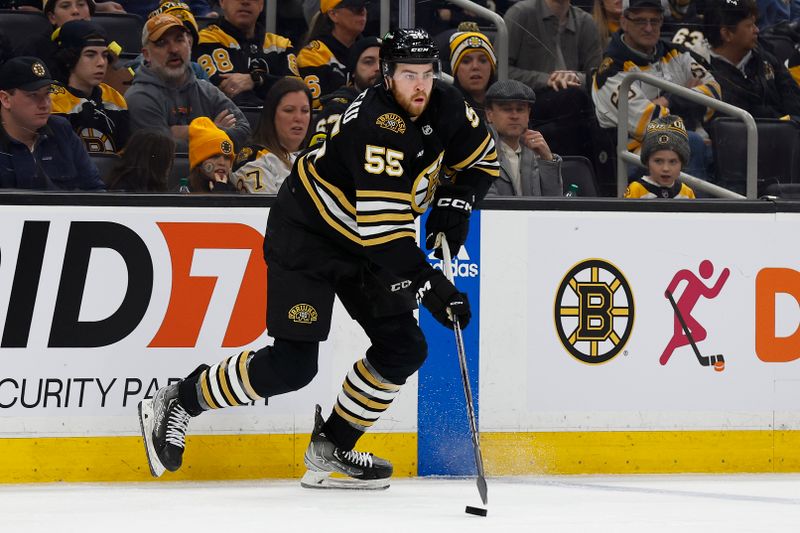 Feb 19, 2024; Boston, Massachusetts, USA; Boston Bruins right wing Justin Brazeau (55) skates in his first NHL game during the third period against the Dallas Stars at TD Garden. Mandatory Credit: Winslow Townson-USA TODAY Sports