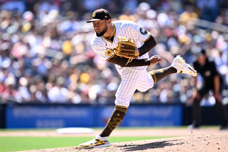 Jul 26, 2023; San Diego, California, USA; San Diego Padres relief pitcher Robert Suarez (75) throws a pitch against the Pittsburgh Pirates during the ninth inning at Petco Park. Mandatory Credit: Orlando Ramirez-USA TODAY Sports