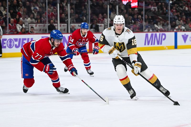 Nov 23, 2024; Montreal, Quebec, CAN; Las Vegas Golden Knights left wing Pavel Dorofeyev (16) plays the puck against Montreal Canadiens center Kirby Dach (77) during the first period at Bell Centre. Mandatory Credit: David Kirouac-Imagn Images