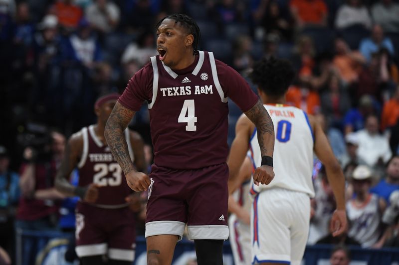 Mar 16, 2024; Nashville, TN, USA; Texas A&M Aggies guard Wade Taylor IV (4) celebrates after a basket during the first half against the Florida Gators at Bridgestone Arena. Mandatory Credit: Christopher Hanewinckel-USA TODAY Sports