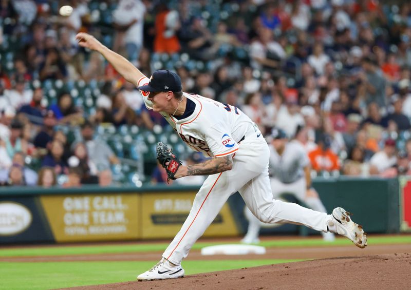 Jun 25, 2024; Houston, Texas, USA; Houston Astros starting pitcher Hunter Brown (58) pitches against the Colorado Rockies in the first inning at Minute Maid Park. Mandatory Credit: Thomas Shea-USA TODAY Sports