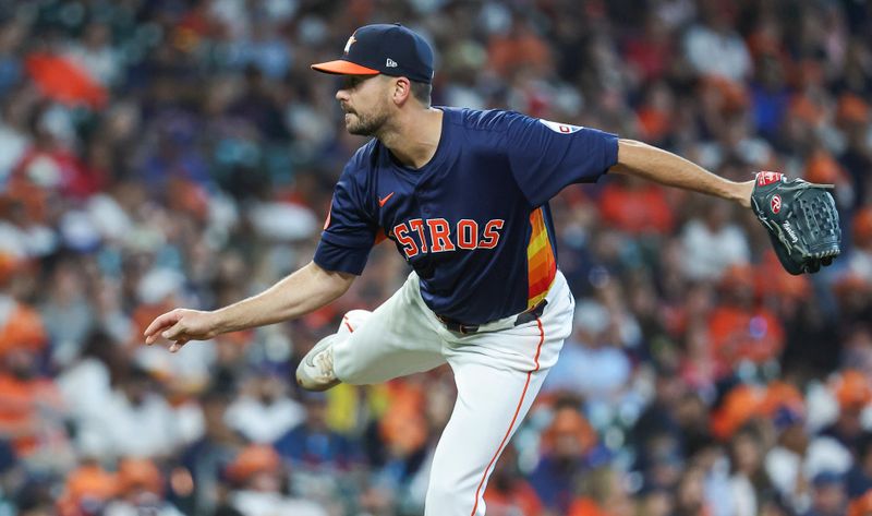 Apr 14, 2024; Houston, Texas, USA; Houston Astros pitcher Seth Martinez (61) delivers a pitch during the ninth inning against the Texas Rangers at Minute Maid Park. Mandatory Credit: Troy Taormina-USA TODAY Sports