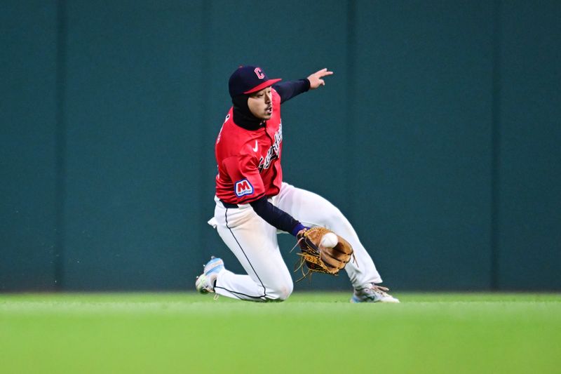 Apr 24, 2024; Cleveland, Ohio, USA; Cleveland Guardians left fielder Steven Kwan (38) catches a sacrifice fly hit by Boston Red Sox second baseman Enmanuel Valdez (not pictured) during the ninth inning at Progressive Field. Mandatory Credit: Ken Blaze-USA TODAY Sports