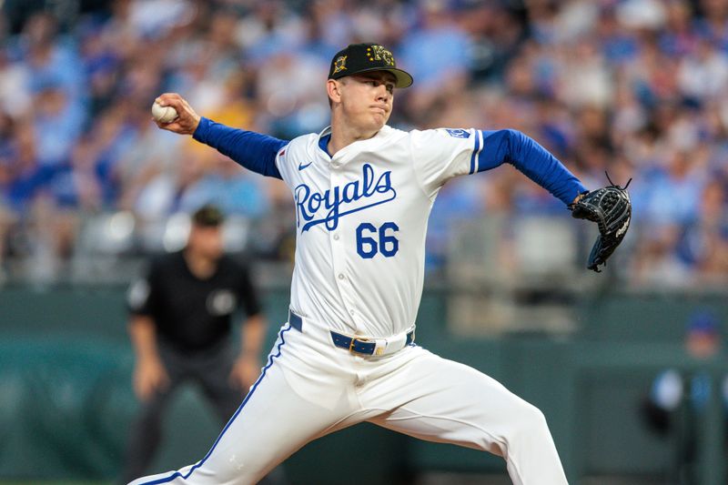 May 18, 2024; Kansas City, Missouri, USA; Kansas City Royals pitcher James McArthur (66) throws during the eighth inning against the Oakland Athletics at Kauffman Stadium. Mandatory Credit: William Purnell-USA TODAY Sports