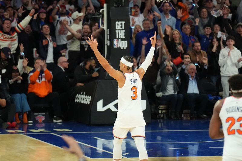 NEW YORK, NY - APRIL 20: Josh Hart #3 of the New York Knicks celebrates during the game against the Philadelphia 76ers during Round 1 Game 1 of the 2024 NBA Playoffs on April 20, 2024 at Madison Square Garden in New York City, New York.  NOTE TO USER: User expressly acknowledges and agrees that, by downloading and or using this photograph, User is consenting to the terms and conditions of the Getty Images License Agreement. Mandatory Copyright Notice: Copyright 2024 NBAE  (Photo Jesse D. Garrabrant/NBAE via Getty Images)