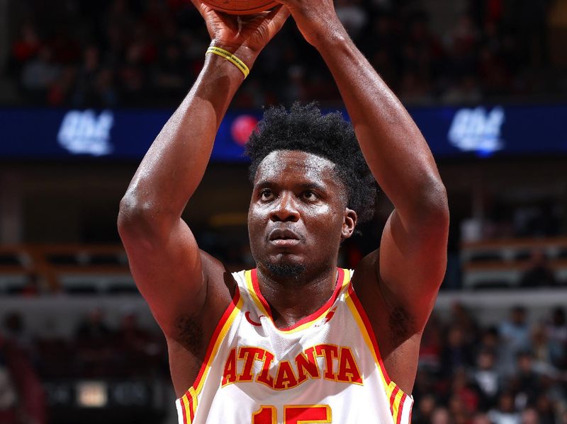 CHICAGO, IL - NOVEMBER 22: Clint Capela #15 of the Atlanta Hawks shoots a free throw during the game against the Chicago Bulls during the Emirates NBA Cup game on November 22, 2024 at United Center in Chicago, Illinois. NOTE TO USER: User expressly acknowledges and agrees that, by downloading and or using this photograph, User is consenting to the terms and conditions of the Getty Images License Agreement. Mandatory Copyright Notice: Copyright 2024 NBAE (Photo by Jeff Haynes/NBAE via Getty Images)