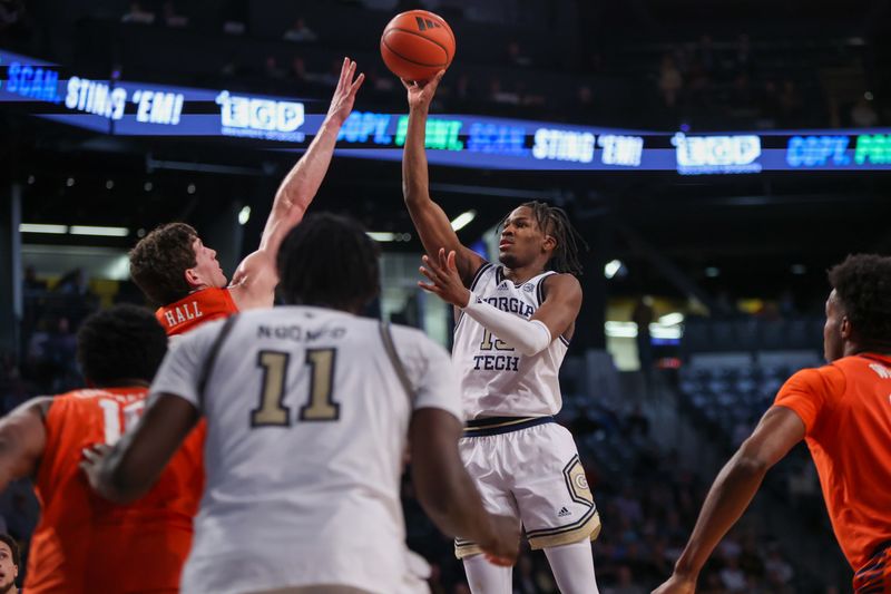 Feb 21, 2024; Atlanta, Georgia, USA; Georgia Tech Yellow Jackets guard Miles Kelly (13) shoots against the Clemson Tigers in the second half at McCamish Pavilion. Mandatory Credit: Brett Davis-USA TODAY Sports