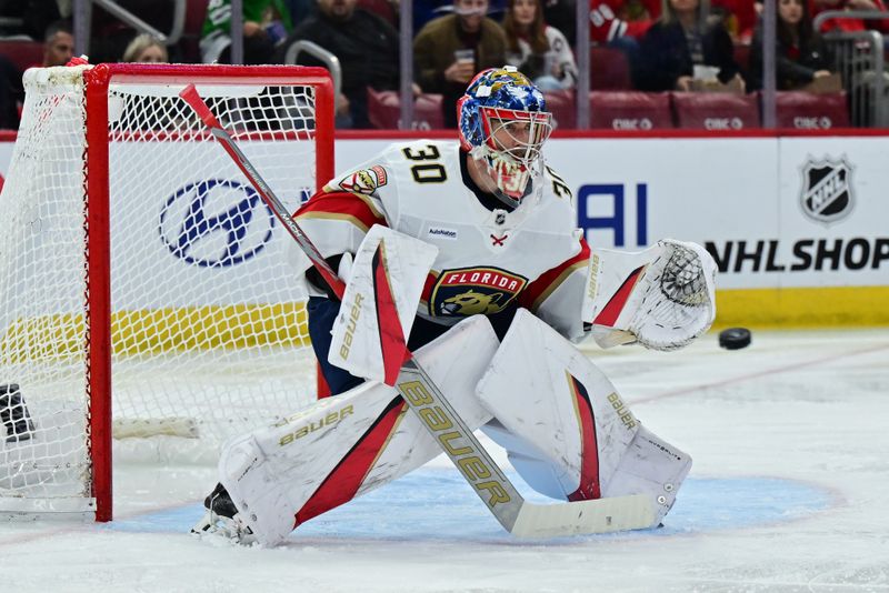 Nov 21, 2024; Chicago, Illinois, USA; Florida Panthers goaltender Spencer Knight (30) watches a shot go wide against the Chicago Blackhawks during the second period at the United Center. Mandatory Credit: Daniel Bartel-Imagn Images