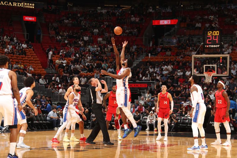 MIAMI, FL - NOVEMBER 18: Tip off between Philadelphia 76ers and Miami Heat on November 18, 2024 at Kaseya Center in Miami, Florida. NOTE TO USER: User expressly acknowledges and agrees that, by downloading and or using this Photograph, user is consenting to the terms and conditions of the Getty Images License Agreement. Mandatory Copyright Notice: Copyright 2024 NBAE (Photo by Issac Baldizon/NBAE via Getty Images)