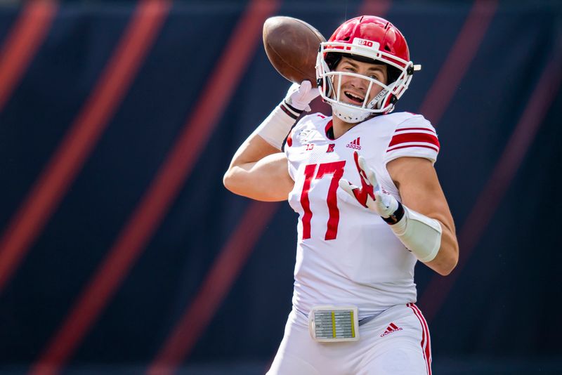 Nov 2, 2019; Champaign, IL, USA; Rutgers Scarlet Knights quarterback Johnny Langan (17) warms up prior to a game against the Illinois Fighting Illini at Memorial Stadium. Mandatory Credit: Patrick Gorski-USA TODAY Sports