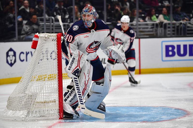 Mar 16, 2023; Los Angeles, California, USA; Columbus Blue Jackets goaltender Daniil Tarasov (40) defends the goal against the Los Angeles Kings during the second period at Crypto.com Arena. Mandatory Credit: Gary A. Vasquez-USA TODAY Sports