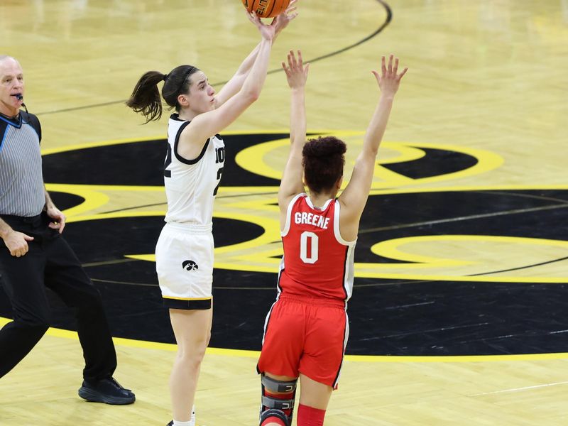 Mar 3, 2024; Iowa City, Iowa, USA; Iowa Hawkeyes guard Caitlin Clark (22) shoots over Ohio State Buckeyes guard Madison Greene (0) during the first half at Carver-Hawkeye Arena. Mandatory Credit: Reese Strickland-USA TODAY Sports