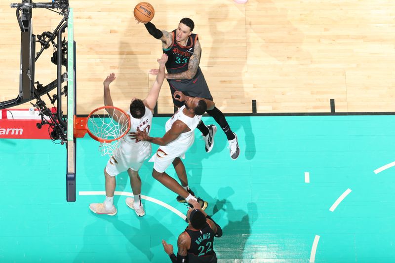 WASHINGTON, DC -? FEBRUARY 25: Kyle Kuzma #33 of the Washington Wizards drives to the basket during the game against the Cleveland Cavaliers on February 25, 2024 at Capital One Arena in Washington, DC. NOTE TO USER: User expressly acknowledges and agrees that, by downloading and or using this Photograph, user is consenting to the terms and conditions of the Getty Images License Agreement. Mandatory Copyright Notice: Copyright 2024 NBAE (Photo by Stephen Gosling/NBAE via Getty Images)