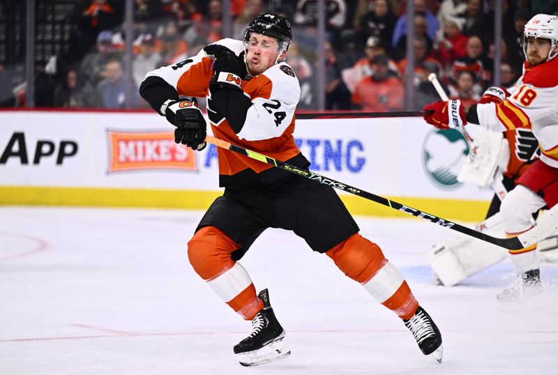 Jan 6, 2024; Philadelphia, Pennsylvania, USA; Philadelphia Flyers defenseman Nick Seeler (24) reacts as he blocks a pass in the first period at Wells Fargo Center. Mandatory Credit: Kyle Ross-USA TODAY Sports