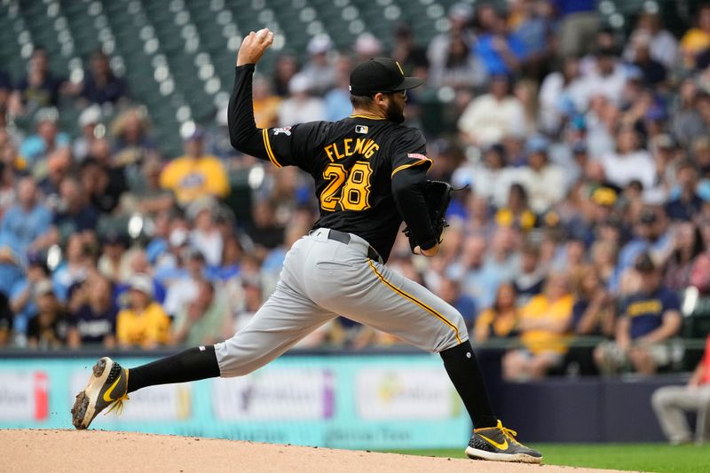 Jul 9, 2024; Milwaukee, Wisconsin, USA;  Pittsburgh Pirates pitcher Josh Fleming (28) throws a pitch during the first inning against the Milwaukee Brewers at American Family Field. Mandatory Credit: Jeff Hanisch-USA TODAY Sports