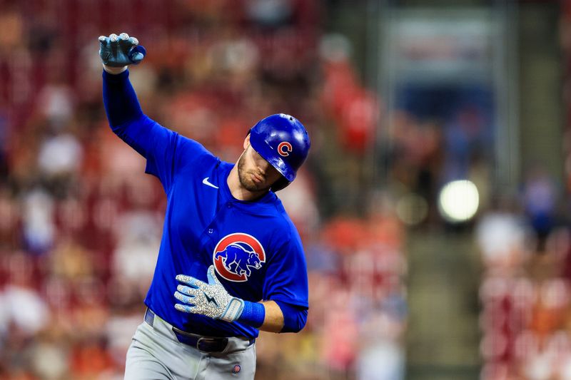 Jul 31, 2024; Cincinnati, Ohio, USA; Chicago Cubs outfielder Ian Happ (8) runs the bases after hitting a two-run home run in the sixth inning against the Cincinnati Reds at Great American Ball Park. Mandatory Credit: Katie Stratman-USA TODAY Sports