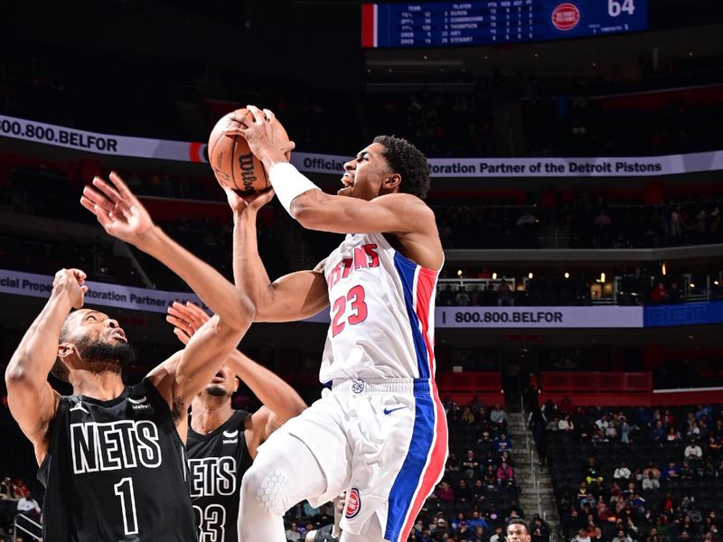 DETROIT, MI - MARCH 7: Jaden Ivey #23 of the Detroit Pistons drives to the basket during the game against the Brooklyn Nets on March 7, 2024 at Little Caesars Arena in Detroit, Michigan. NOTE TO USER: User expressly acknowledges and agrees that, by downloading and/or using this photograph, User is consenting to the terms and conditions of the Getty Images License Agreement. Mandatory Copyright Notice: Copyright 2024 NBAE (Photo by Chris Schwegler/NBAE via Getty Images)