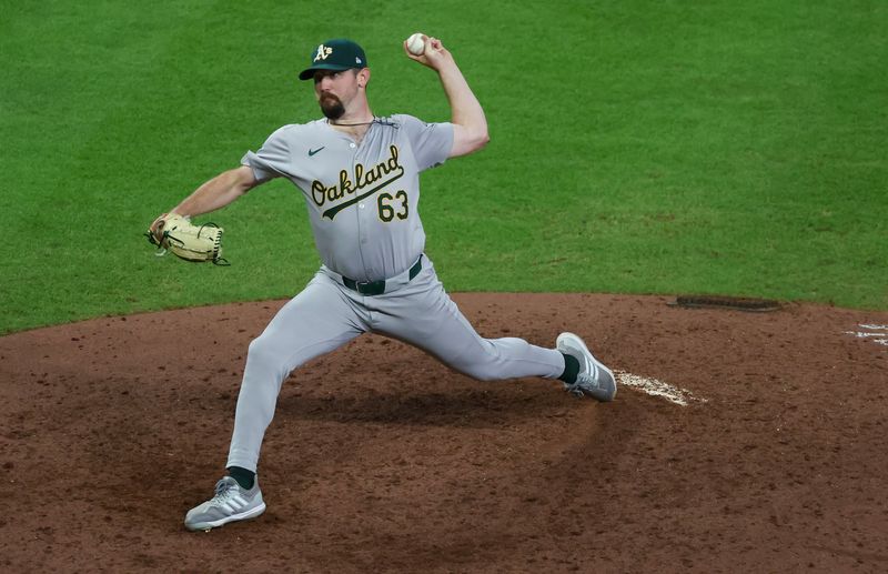 Sep 10, 2024; Houston, Texas, USA;  Oakland Athletics starting pitcher Hogan Harris (63) pitches agains the Houston Astros in the 12th  nning at Minute Maid Park. Mandatory Credit: Thomas Shea-Imagn Images