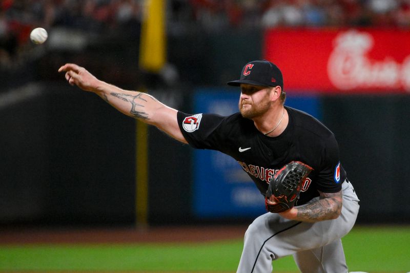 Sep 20, 2024; St. Louis, Missouri, USA;  Cleveland Guardians starting pitcher Ben Lively (39) pitches against the St. Louis Cardinals during the first inning at Busch Stadium. Mandatory Credit: Jeff Curry-Imagn Images