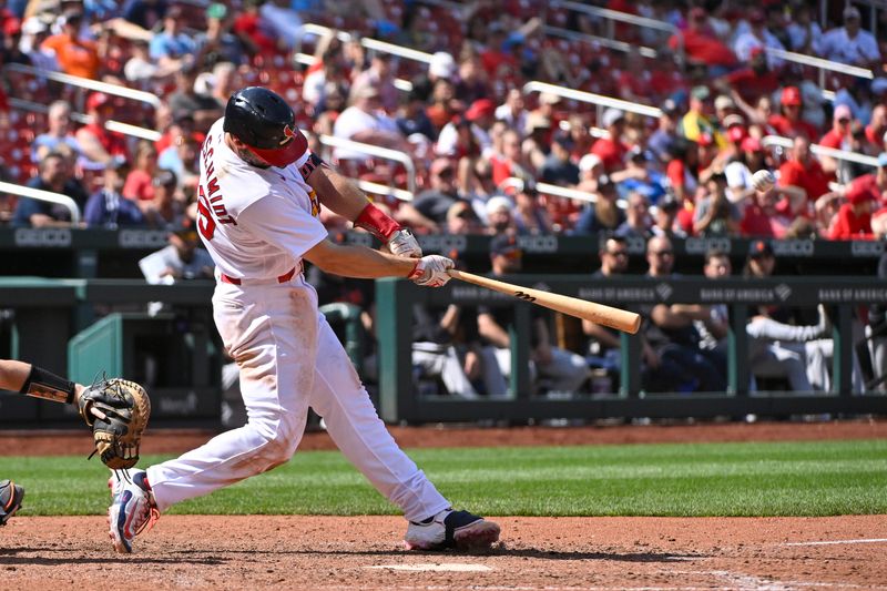 May 7, 2023; St. Louis, Missouri, USA;  St. Louis Cardinals first baseman Paul Goldschmidt (46) hits a two run home run for his third home run of the game against the Detroit Tigers during the eighth inning at Busch Stadium. Mandatory Credit: Jeff Curry-USA TODAY Sports