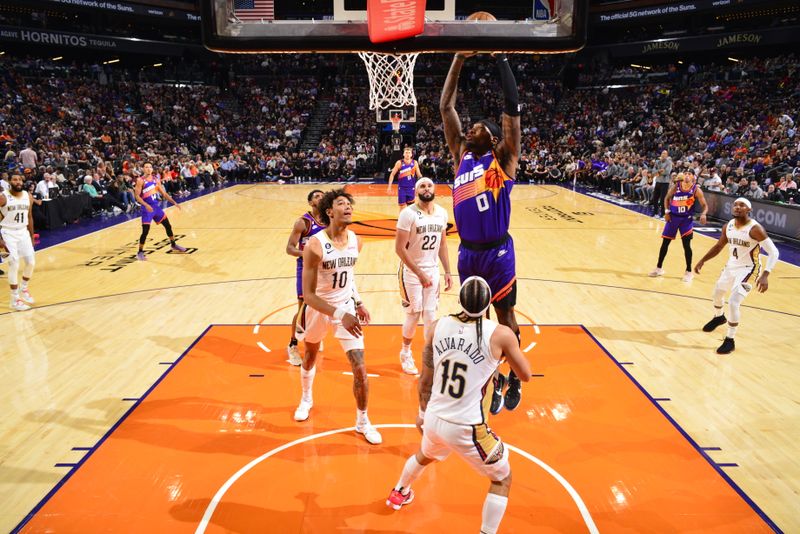 PHOENIX, AZ - OCTOBER 28: Torrey Craig #0 of the Phoenix Suns drives to the basket during the game against the New Orleans Pelicans on October 28, 2022 at Footprint Center in Phoenix, Arizona. NOTE TO USER: User expressly acknowledges and agrees that, by downloading and or using this photograph, user is consenting to the terms and conditions of the Getty Images License Agreement. Mandatory Copyright Notice: Copyright 2022 NBAE (Photo by Barry Gossage/NBAE via Getty Images)