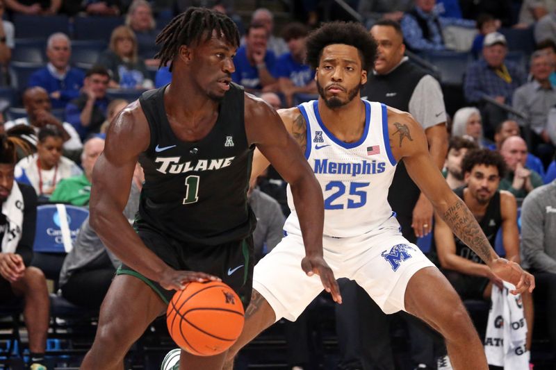 Feb 11, 2024; Memphis, Tennessee, USA; Tulane Green Wave guard Sion James (1) dribbles as Memphis Tigers guard Jayden Hardaway (25) defends during the first half at FedExForum. Mandatory Credit: Petre Thomas-USA TODAY Sports