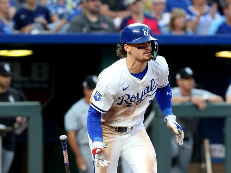 Jul 20, 2024; Kansas City, Missouri, USA; Kansas City Royals shortstop Bobby Witt Jr. (7) runs to first base after hitting a single against the Chicago White Sox during the eighth inning at Kauffman Stadium. Mandatory Credit: Scott Sewell-USA TODAY Sports