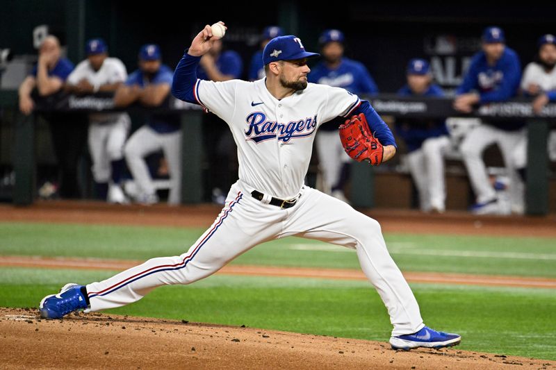 Oct 10, 2023; Arlington, Texas, USA; Texas Rangers starting pitcher Nathan Eovaldi (17) pitches in the first inning against the Baltimore Orioles during game three of the ALDS for the 2023 MLB playoffs at Globe Life Field. Mandatory Credit: Jerome Miron-USA TODAY Sports