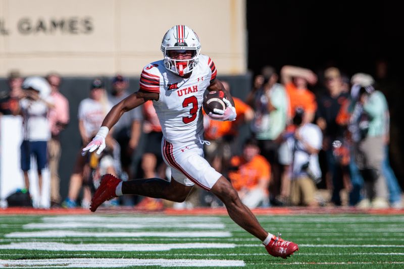 Sep 21, 2024; Stillwater, Oklahoma, USA; Utah Utes wide receiver Dorian Singer (3) runs the ball during the second quarter against the Oklahoma State Cowboys at Boone Pickens Stadium. Mandatory Credit: William Purnell-Imagn Images