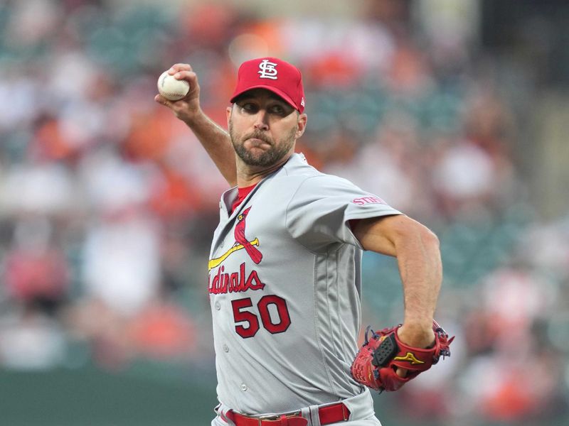 Sep 12, 2023; Baltimore, Maryland, USA; St. Louis Cardinals pitcher Adam Wainwright (50) delivers in the first inning against the Baltimore Orioles at Oriole Park at Camden Yards. Mandatory Credit: Mitch Stringer-USA TODAY Sports