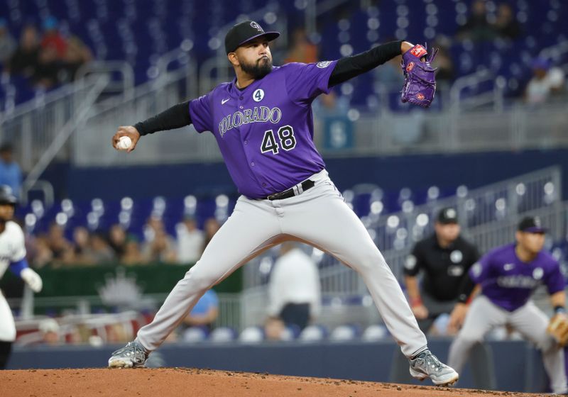 Jun 2, 2025; Miami, Florida, USA;  Colorado Rockies starting pitcher German Marquez (48) pitches against the Miami Marlins during the first inning at loanDepot Park. Mandatory Credit: Rhona Wise-Imagn Images