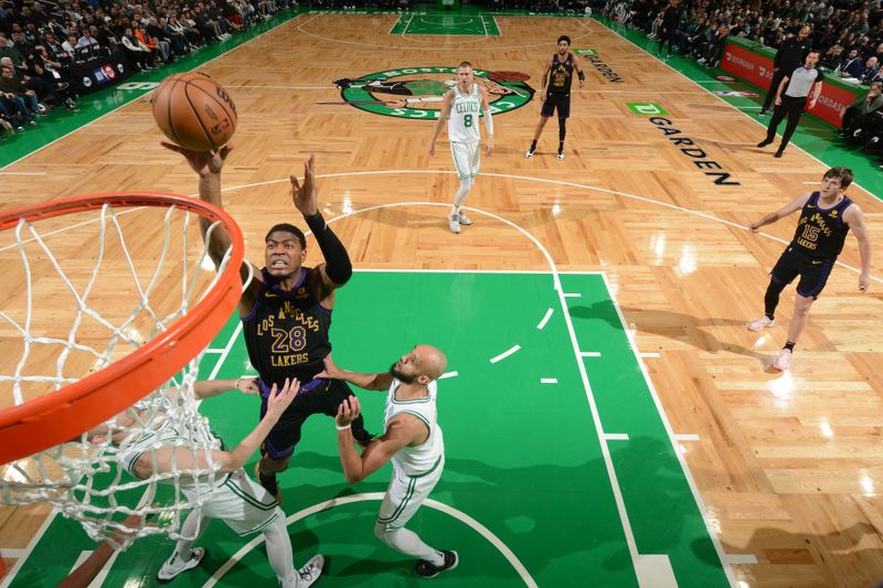 BOSTON, MA - FEBRUARY 1: Rui Hachimura #28 of the Los Angeles Lakers drives to the basket during the game  against the Boston Celtics  on February 1, 2024 at the TD Garden in Boston, Massachusetts. NOTE TO USER: User expressly acknowledges and agrees that, by downloading and or using this photograph, User is consenting to the terms and conditions of the Getty Images License Agreement. Mandatory Copyright Notice: Copyright 2024 NBAE  (Photo by Brian Babineau/NBAE via Getty Images)