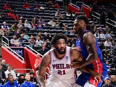 DETROIT, MI - DECEMBER 13: Joel Embiid #21 of the Philadelphia 76ers drives to the basket during the game against the Detroit Pistons on December 13, 2023 at Little Caesars Arena in Detroit, Michigan. NOTE TO USER: User expressly acknowledges and agrees that, by downloading and/or using this photograph, User is consenting to the terms and conditions of the Getty Images License Agreement. Mandatory Copyright Notice: Copyright 2023 NBAE (Photo by Chris Schwegler/NBAE via Getty Images)