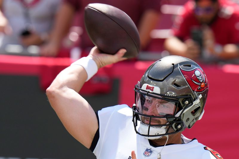 Tampa Bay Buccaneers quarterback Baker Mayfield (6) throws a pass during warmups ahead of an NFL football game against the Chicago Bears, Sunday, Sept. 17, 2023, in Tampa, Fla. (AP Photo/Chris O'Meara)