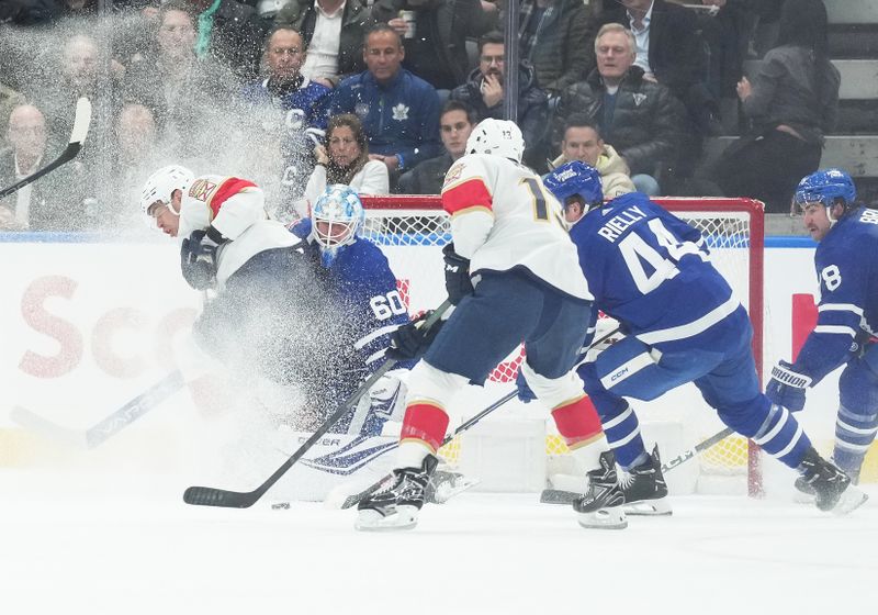 Nov 28, 2023; Toronto, Ontario, CAN; Florida Panthers center Sam Reinhart (13) battles for the puck with Toronto Maple Leafs defenseman Morgan Rielly (44) during the first period at Scotiabank Arena. Mandatory Credit: Nick Turchiaro-USA TODAY Sports