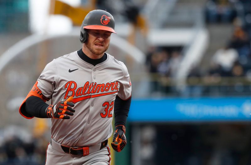 Apr 5, 2024; Pittsburgh, Pennsylvania, USA;  Baltimore Orioles designated hitter Ryan O'Hearn (32) runs the bases after hitting a solo home run against the Pittsburgh Pirates during the second inning at PNC Park. Mandatory Credit: Charles LeClaire-USA TODAY Sports