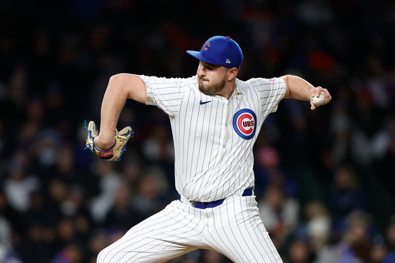 Apr 24, 2024; Chicago, Illinois, USA; Chicago Cubs relief pitcher Luke Little (43) pitches against the Houston Astros during the seventh inning at Wrigley Field. Mandatory Credit: Kamil Krzaczynski-USA TODAY Sports
