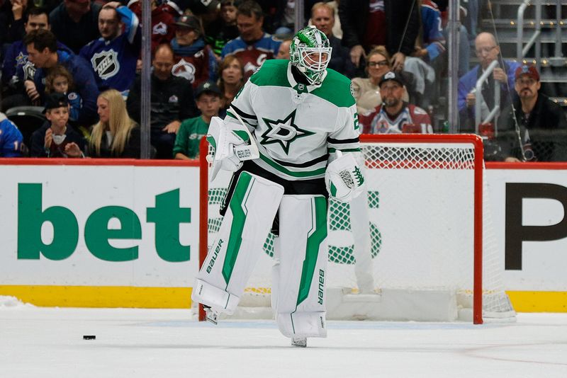 Oct 11, 2025; Denver, Colorado, USA; Dallas Stars goaltender Jake Oettinger (29) celebrates after the game against the Colorado Avalanche at Ball Arena. Mandatory Credit: Isaiah J. Downing-Imagn Images