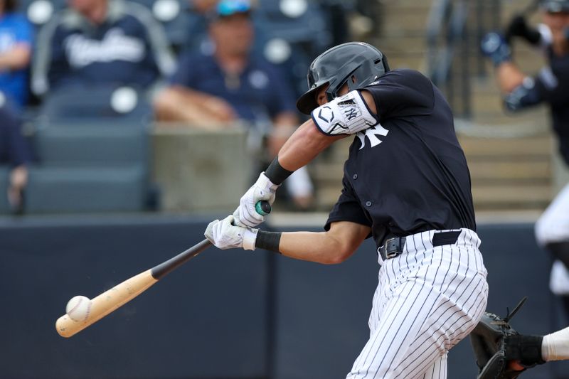 Mar 22, 2024; Tampa, Florida, USA;  New York Yankees shortstop Anthony Volpe (11) hits a base hit against the New York Mets in the fourth inning at George M. Steinbrenner Field. Mandatory Credit: Nathan Ray Seebeck-USA TODAY Sports