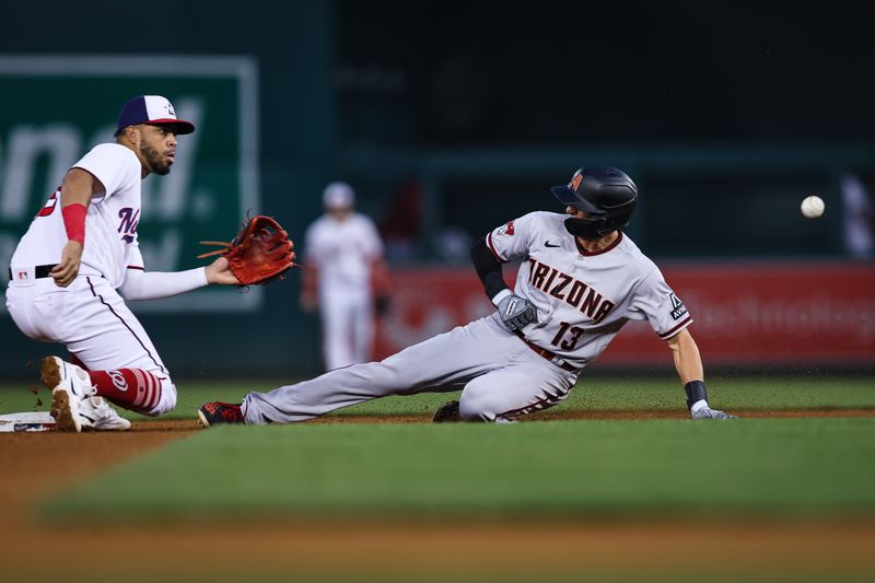 Jun 7, 2023; Washington, District of Columbia, USA; Arizona Diamondbacks shortstop Nick Ahmed (13) steals  second base in front of Washington Nationals second baseman Luis Garcia (2) during the sixth inning at Nationals Park. Mandatory Credit: Scott Taetsch-USA TODAY Sports