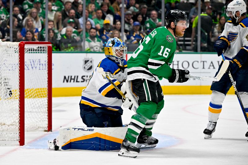 Apr 17, 2024; Dallas, Texas, USA; Dallas Stars center Joe Pavelski (16) screens St. Louis Blues goaltender Jordan Binnington (50) during the second period at the American Airlines Center. Mandatory Credit: Jerome Miron-USA TODAY Sports