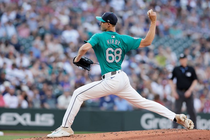 Jul 20, 2024; Seattle, Washington, USA; Seattle Mariners starting pitcher George Kirby (68) throws against the Houston Astros during the second inning at T-Mobile Park. Mandatory Credit: John Froschauer-USA TODAY Sports