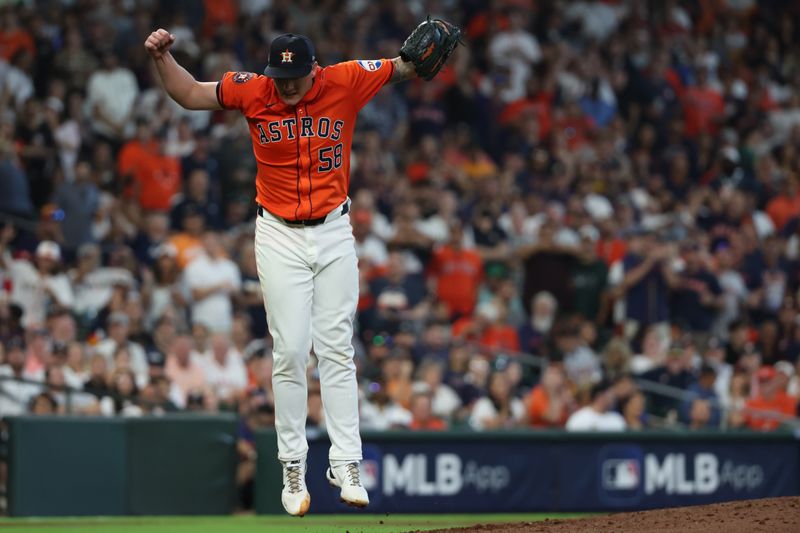Oct 2, 2024; Houston, Texas, USA; Houston Astros pitcher Hunter Brown (58) reacts after striking out Detroit Tigers catcher Jake Rogers (not pictured) to end the top of the fifth inning of game two of the Wildcard round for the 2024 MLB Playoffs at Minute Maid Park. Mandatory Credit: Thomas Shea-Imagn Images