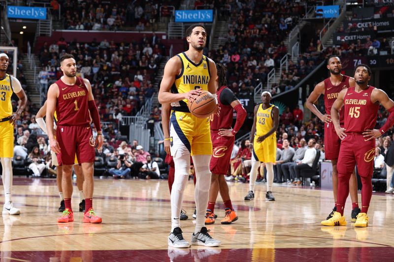 CLEVELAND, OH - APRIL 12: Tyrese Haliburton #0 of the Indiana Pacers shoots a free throw during the game against the Cleveland Cavaliers on April 12, 2024 at Rocket Mortgage FieldHouse in Cleveland, Ohio. NOTE TO USER: User expressly acknowledges and agrees that, by downloading and/or using this Photograph, user is consenting to the terms and conditions of the Getty Images License Agreement. Mandatory Copyright Notice: Copyright 2024 NBAE (Photo by Jeff Haynes/NBAE via Getty Images)