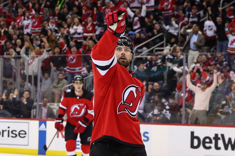 Feb 23, 2023; Newark, New Jersey, USA; New Jersey Devils left wing Tomas Tatar (90) celebrates his goal against the Los Angeles Kings during the second period at Prudential Center. Mandatory Credit: Ed Mulholland-USA TODAY Sports