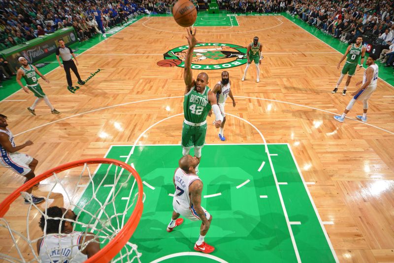 BOSTON, MA - MAY 3: Al Horford #42 of the Boston Celtics goes to the basket during the game during Round 2 Game 2 of the Eastern Conference Semi-Finals 2023 NBA Playoffs on May 3, 2023 at the TD Garden in Boston, Massachusetts. NOTE TO USER: User expressly acknowledges and agrees that, by downloading and or using this photograph, User is consenting to the terms and conditions of the Getty Images License Agreement. Mandatory Copyright Notice: Copyright 2023 NBAE  (Photo by Jesse D. Garrabrant/NBAE via Getty Images)