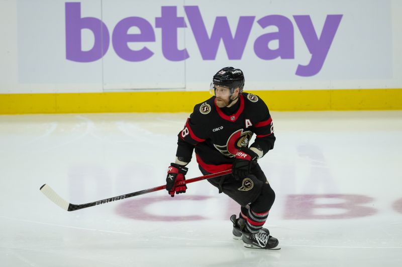 Nov 19, 2024; Ottawa, Ontario, CAN; Ottawa Senators right wing Claude Giroux (28) skates in the third period against the Edmonton Oilers at the Canadian Tire Centre. Mandatory Credit: Marc DesRosiers-Imagn Images